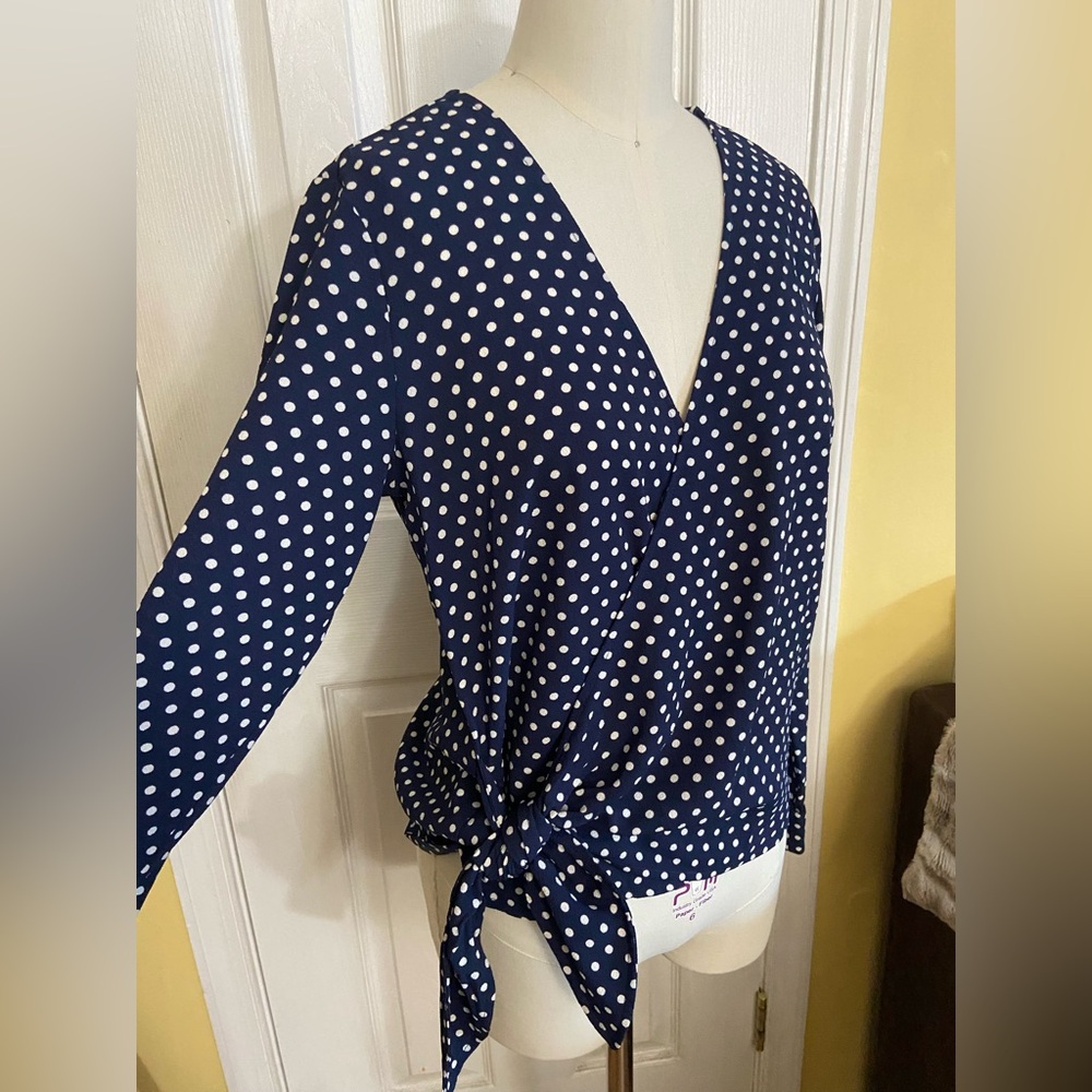 Michael Kors Navy and White Polka Dot Blouse, size S